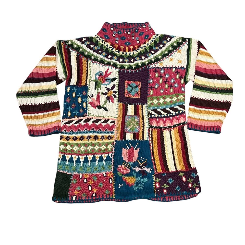 Vintage Hand Knit Patchwork Sweater Women M Floral Stripe Cottagecore Grandma